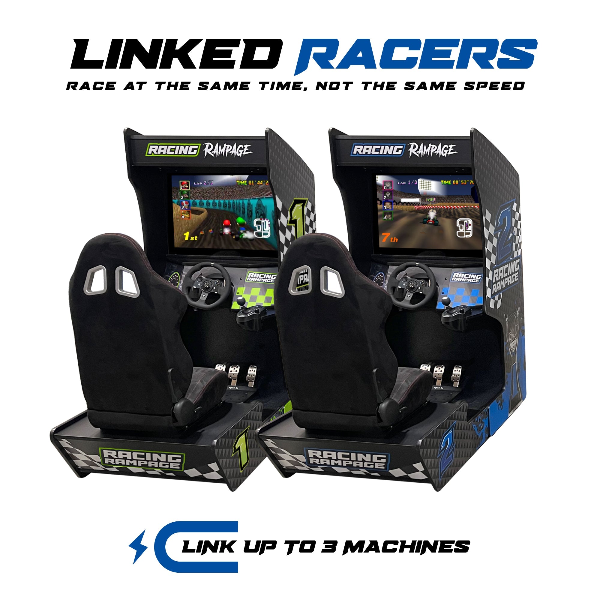 Racing Rampage | Set of 2 or 3 Sit Down Racing Arcade Machines | 177 Classic Racing Games OR Wifi Compatible to Connect Endless Games | FREE Link-Tech System